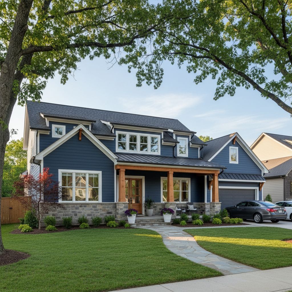 A modern craftsman-style house in a suburban Lawrenceburg neighborhood featuring deep blue vinyl siding and crisp white trim.