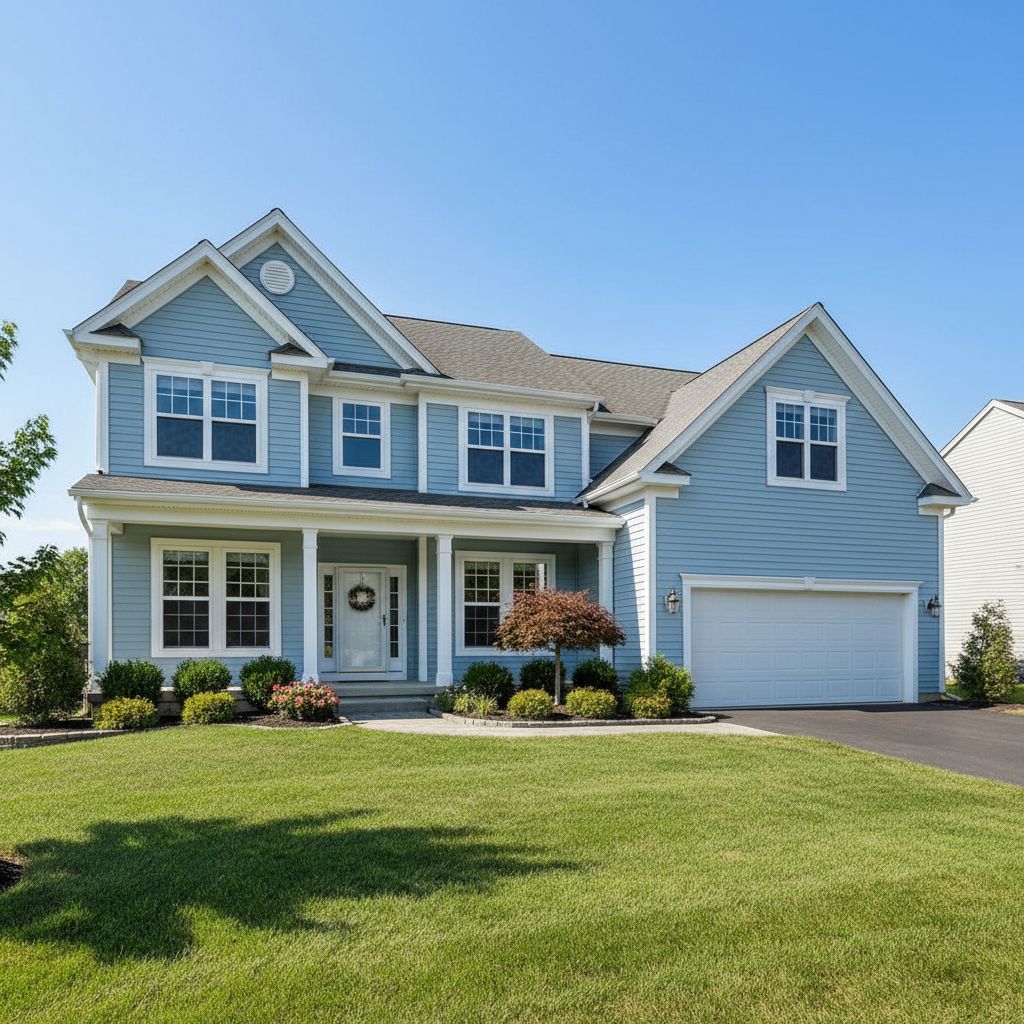 A beautiful two-story suburban home in Shelbyville with fresh light-blue vinyl siding and white trim under a clear blue sky.